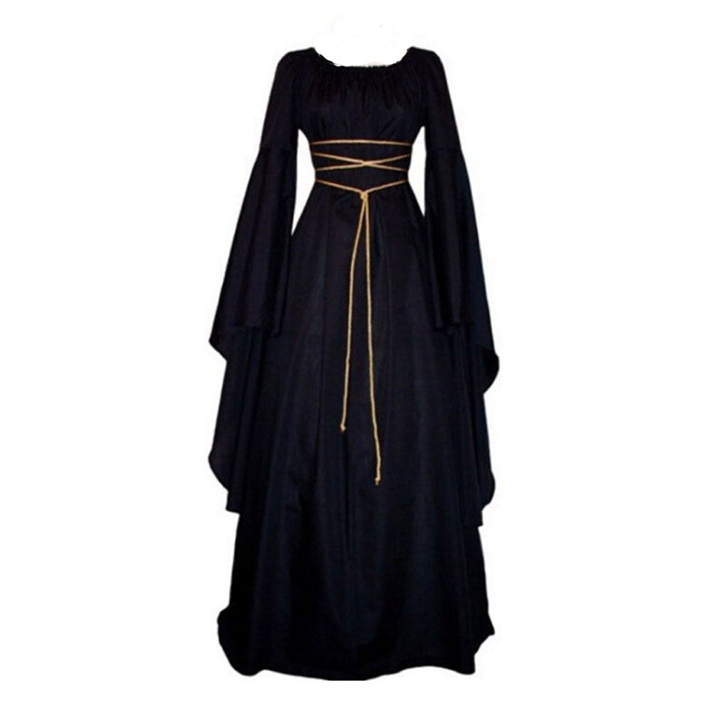 Elegant Vintage Gothic Maxi Dress For Women Sexy Black Spaghetti Strap With Belt Long Sleeve Cosplay Party Dress - 2