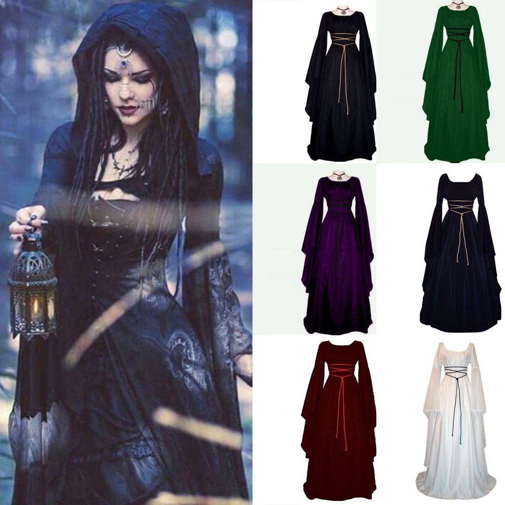 Elegant Vintage Gothic Maxi Dress For Women Sexy Black Spaghetti Strap With Belt Long Sleeve Cosplay Party Dress - 1