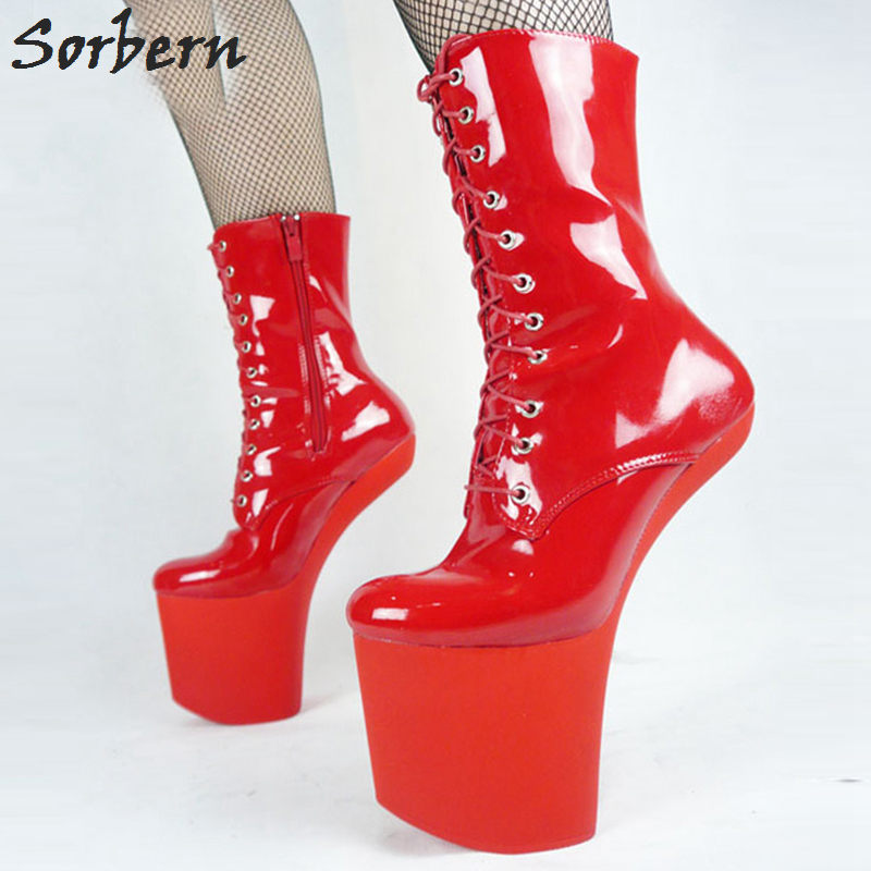 Sorbern Womens Fetish Boots Sexy 20cm Hoof Heel Midcalf Shiny Pu Vamp High Platform Heels Plus Sizes 3446 - 19