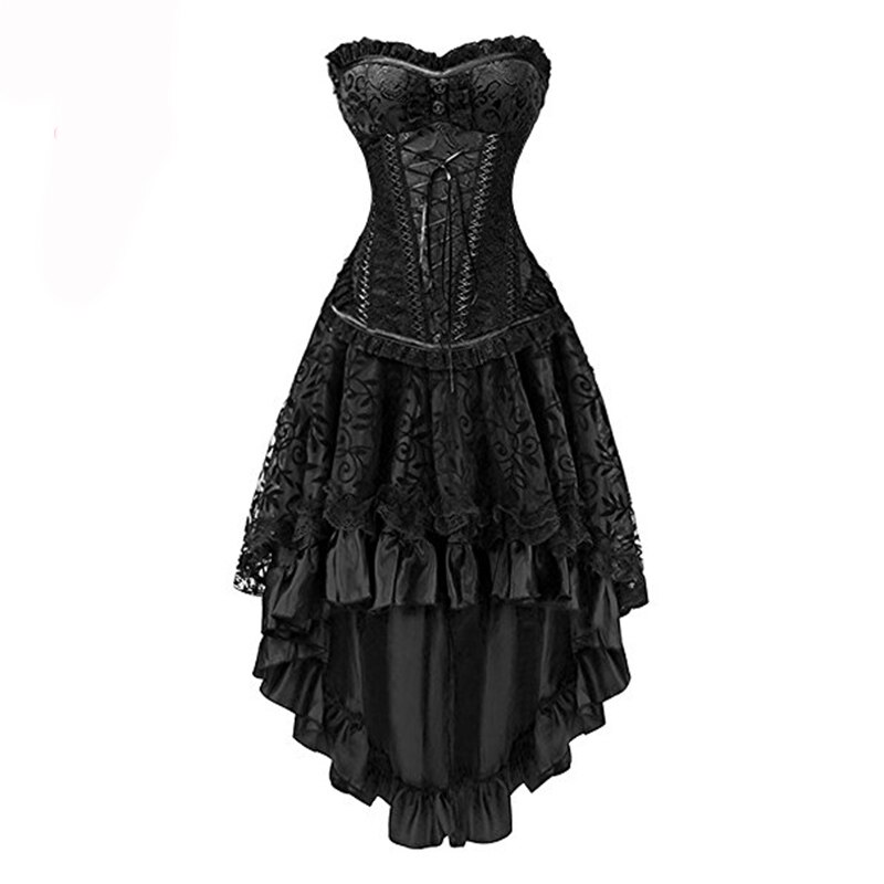 Vintage Red & Black Steel Boned Overbust Corset Dress Women's Party Masquerade Gothic Skirt Set - 4