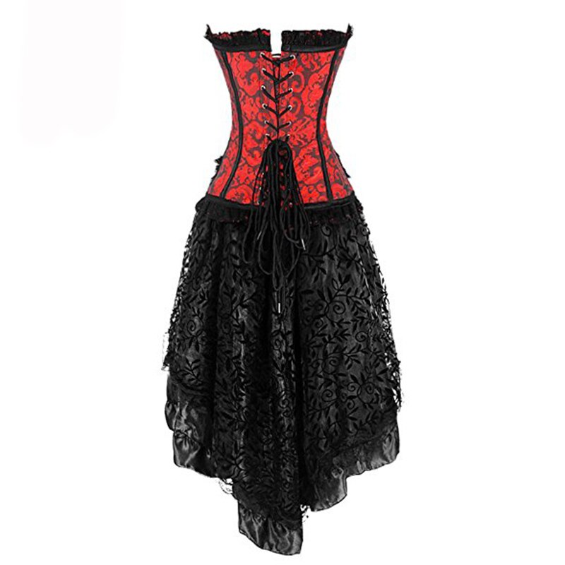 Vintage Red & Black Steel Boned Overbust Corset Dress Women's Party Masquerade Gothic Skirt Set - 3