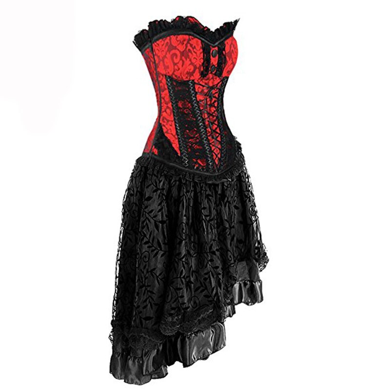 Vintage Red & Black Steel Boned Overbust Corset Dress Women's Party Masquerade Gothic Skirt Set - 2