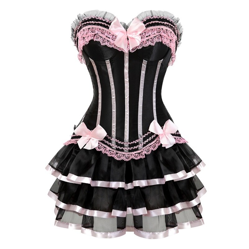 Women Burlesque Dancer Dress With Costumes Vintage Striped Floral Lace Up Corset Bustier Mini Skirt Gothic - 3