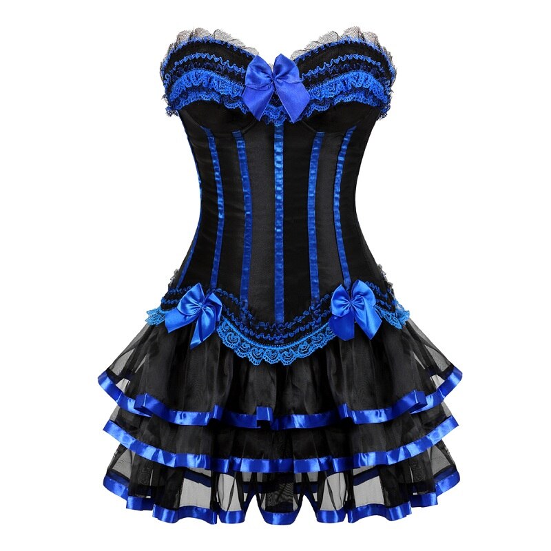 Women Burlesque Dancer Dress With Costumes Vintage Striped Floral Lace Up Corset Bustier Mini Skirt Gothic - 2