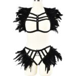 Goth Feather Body Harness Set Black Top Epaulettes Cage Bra & G-string