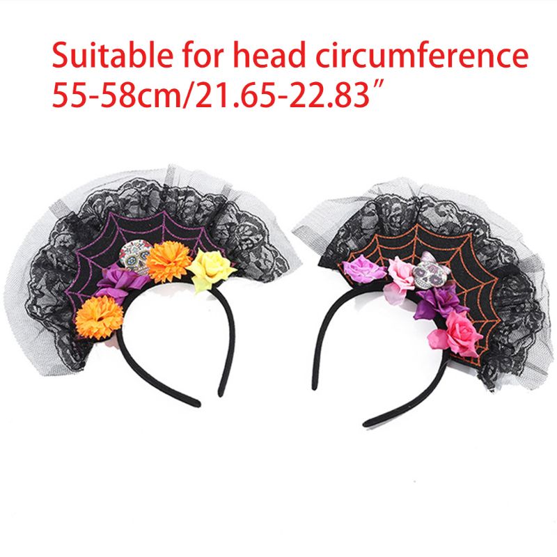 Day Of The Dead Flower Skull Headband Lace Detail Cosplay Hair Hoop Accessory - 4