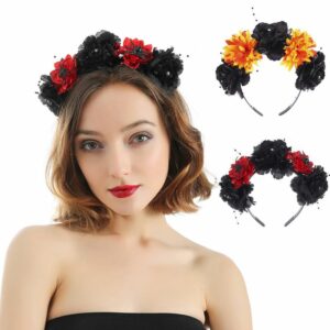 Day Of The Dead Headband Vintage Artificial Rose Flower Beaded Hair Hoop Crown Scary Spider Cosplay Headpiece - 2
