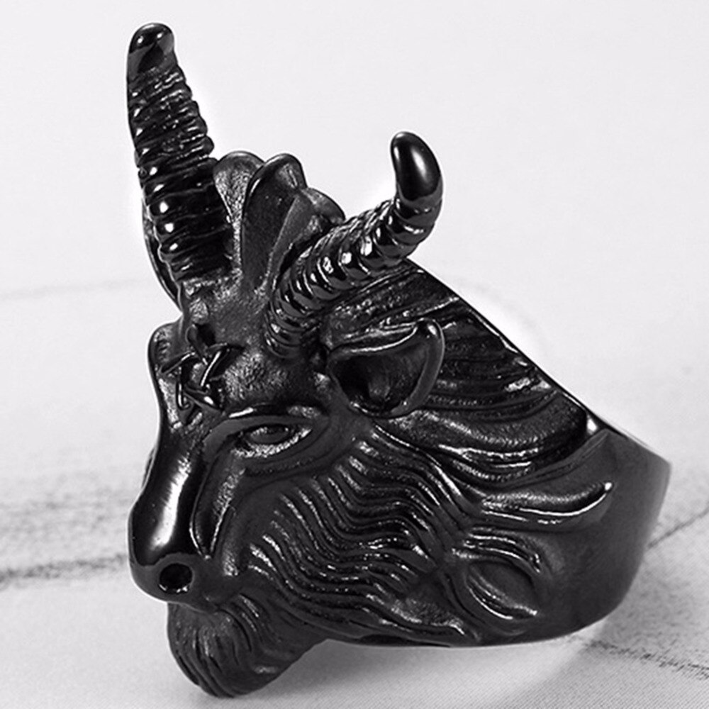 Size 7-15 Stainless Steel Satan Goat Ring Vintage Biker Gothic Long Horn Pentagram Wicca - 5