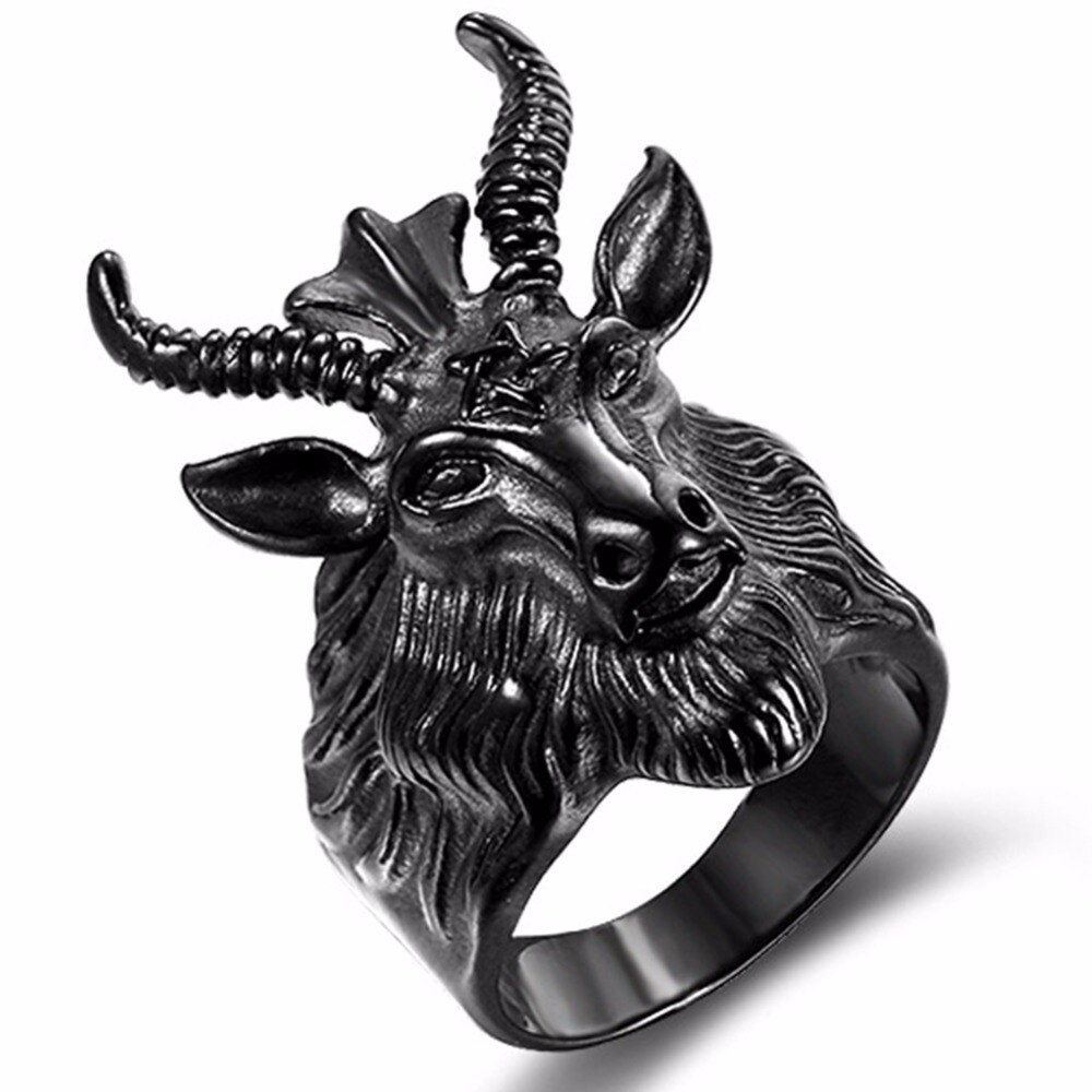 Size 7-15 Stainless Steel Satan Goat Ring Vintage Biker Gothic Long Horn Pentagram Wicca - 4