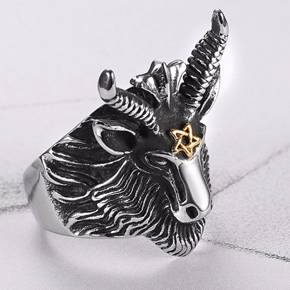 Size 7-15 Stainless Steel Satan Goat Ring Vintage Biker Gothic Long Horn Pentagram Wicca - 2