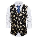 Fashion Gilet Costume Homme Brand Shiny Gold Pumpkin Foil Print Dress Vest Tuxedo Men Xmas Suit Waistcoat