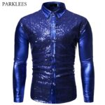 Glitter Sequins Shirt Men Black Mens Metallic Disco Club Shirts Costume Chemise Homme Stage - 4