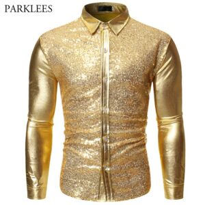 Glitter Sequins Shirt Men Black Mens Metallic Disco Club Shirts Costume Chemise Homme Stage - 2