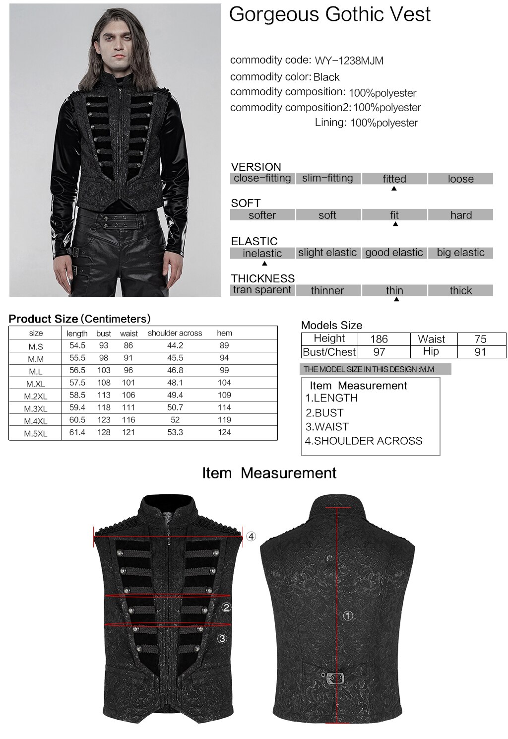 Punkrave Men's Gothic Gorgeous Retro Vest Victorian Jacquard Exquisite Stage Performance Waistcoat Jacket - 6