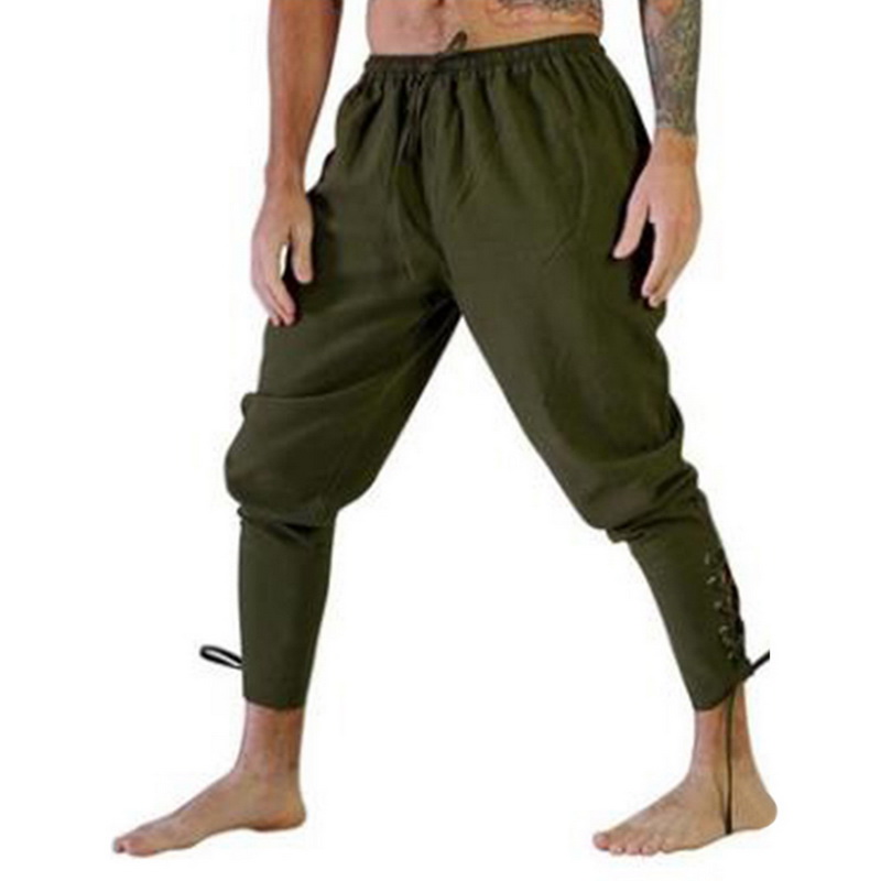 Mens Medieval Pirate Cosplay Costume Loose Drawstring Pants Horseman Leg Bandage Trousers In Blackbrown - 14