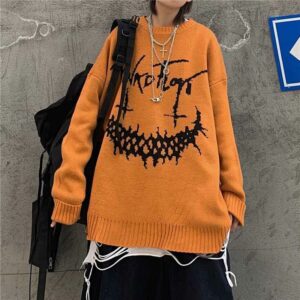 Punk Unisex Sweater Women Cartoon Pumpkin Smile Letter Oversize Plus Size Autumn Winter Knitwear