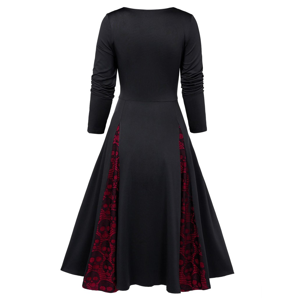 Plussize Vintage Womens Dress With Skull Lace Insert Mock Button Bow Knot Detail Fashionable Long Femme Yl5 - 9