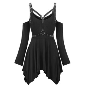 Rosegal Plus Size Cold Shoulder Harness Gothic T-shirt Sexy Hollow Buckle Belt Ribbon Tee Women Cut Out Punk