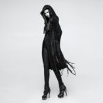 Punk Rave Gothic Vampire Performance Women Black Long Trench Coat Asymmetric Hole Knit Irregular Witch Outwear - 3