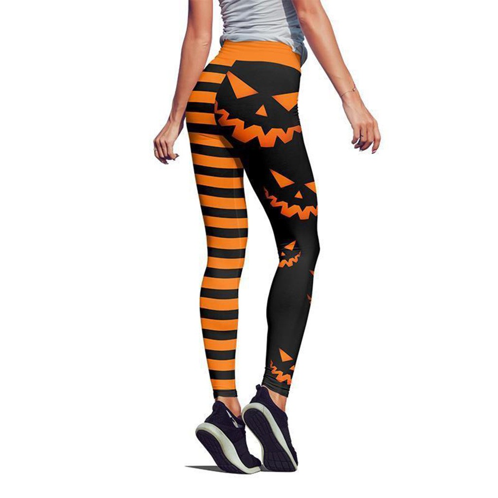 Highwaisted Elastic Womens Sport Leggings Slim Fit Pumpkin Striped Print Stretchy Skinny Pencil Trousers - 12