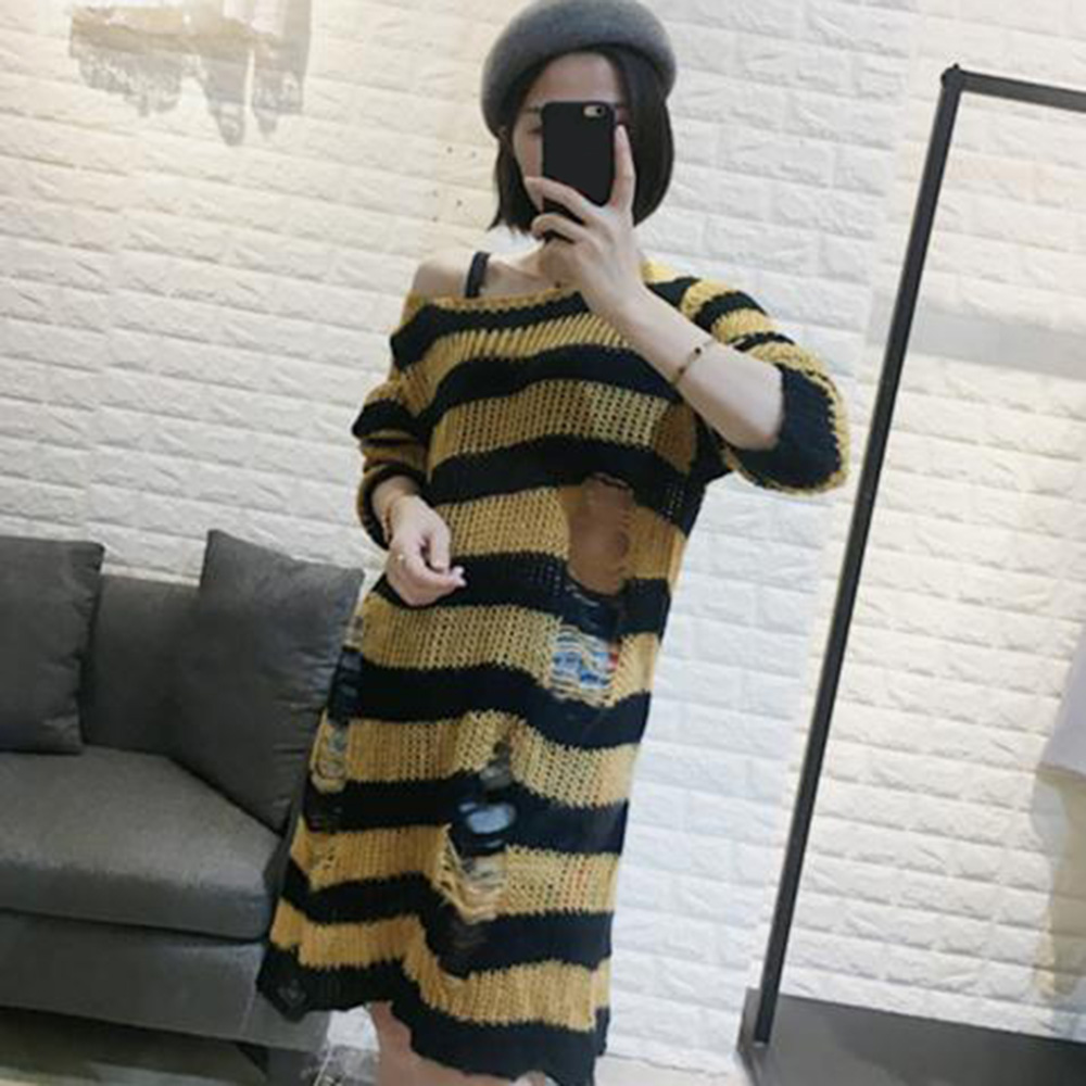 Gothic Striped Long Knitted Sweater For Women Spring Chic Ripped Pullovers Plus Size Loose Jumpers Mujer - 21