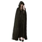 Steampunk Gothic Black Long Lace Hooded Cloak Cape For Women Dark Wizard Costume Full Length Witch Trench - 2