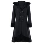 Winter Trench Coat Women Gothic With Hood Black Long Faux Fur Woolen Back Lace Up Female Party Overcoat - 2