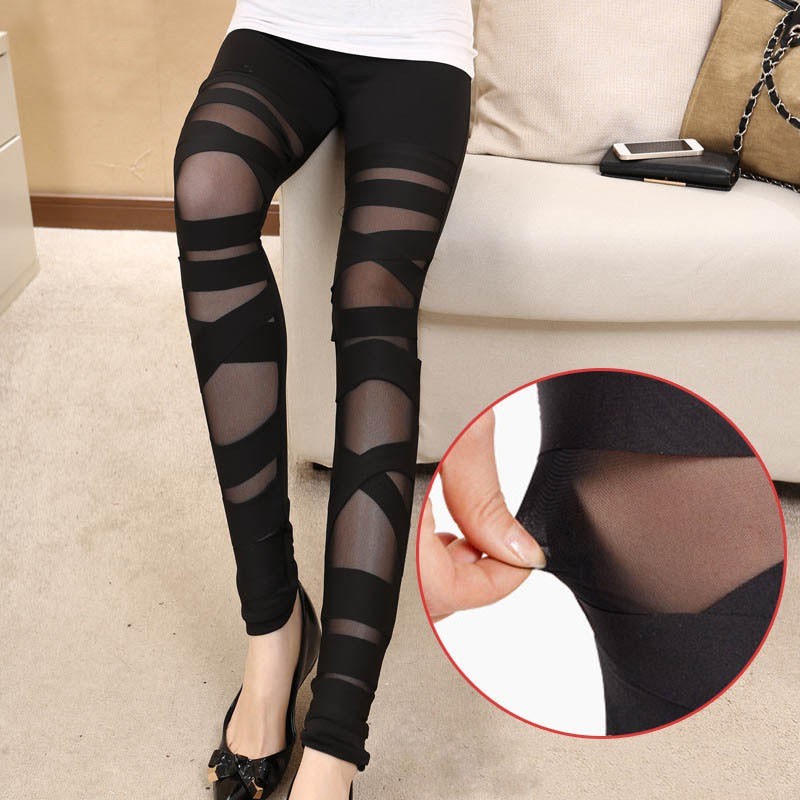 Sexy Slimming Black Gothic Punk Rock Mesh Bandage Leggings For Women With Elastic Waistband - 11