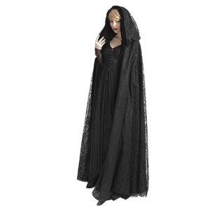 Steampunk Womens Witch Cape Black Hooded Lace Long Coat Priestess Costume Cloak