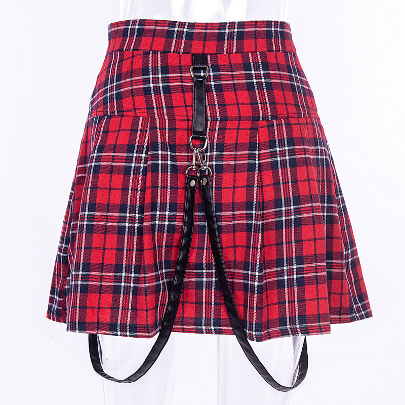 Womens Autumn Gothic Style Pleated Plaid Mini Skirt With Sexy Suspender Straps And Zipper Detail - 8