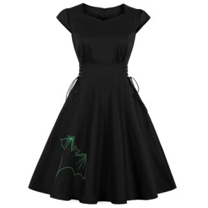 Joineles Gothic Style Women Retro Dress Black Bat Spider Print Round Neck Short Sleeves Vintage Lace Up Vestidos