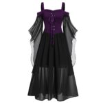 Womne Plus Size Cold Shoulder Sleeve Lace Up Gothic Style Dress Women Bow Tie Costume - 2