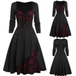 Dresses Vintage Women Mini Dress Plus Size Gothic Clothes Skull Lace Insert Mock Button Bowknot Robe Femme L20 - 5