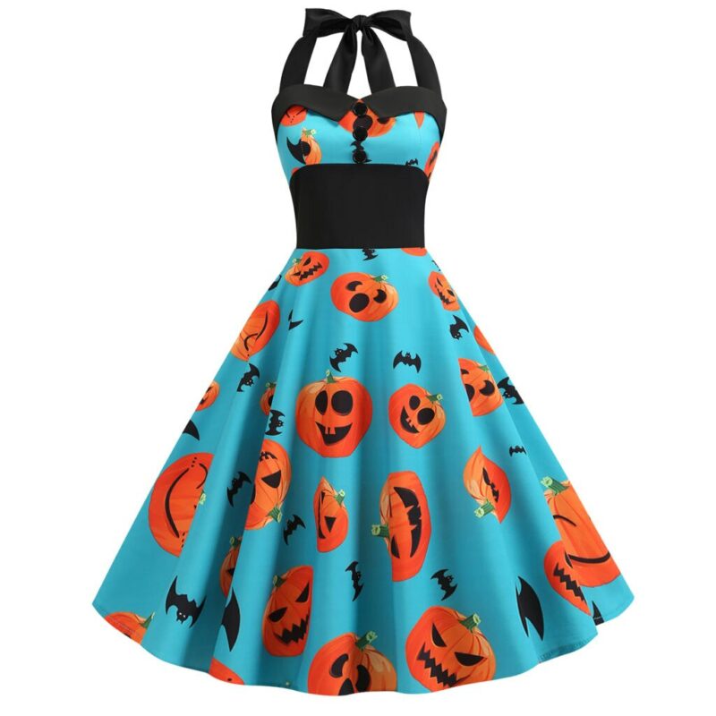 Women's Dress Vintage Pumpkin Print Halter Evening Party Swing Costumes For Women Cosplay