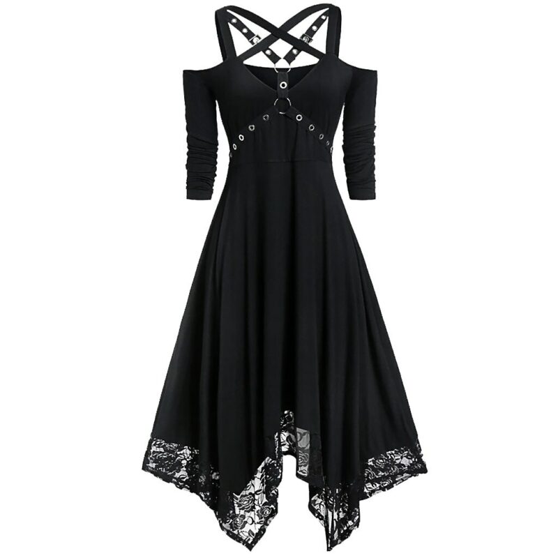 Sexy Open Shoulder Dress Women Gothic Style Lace Half Sleeve Solid Color Dresses Plus Size Fashion Party Bl4