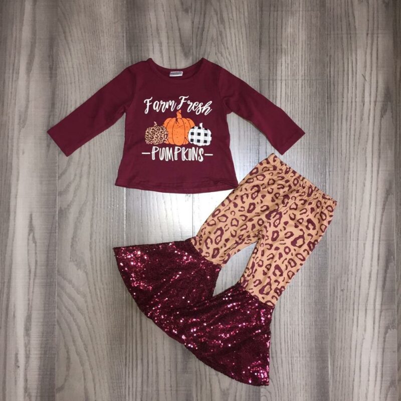 Girlymax Fall Winter Baby Girls Bell-bottoms Farm Fresh Pumpkins Sequins Pants Children Clothes Boutique Outfits Set