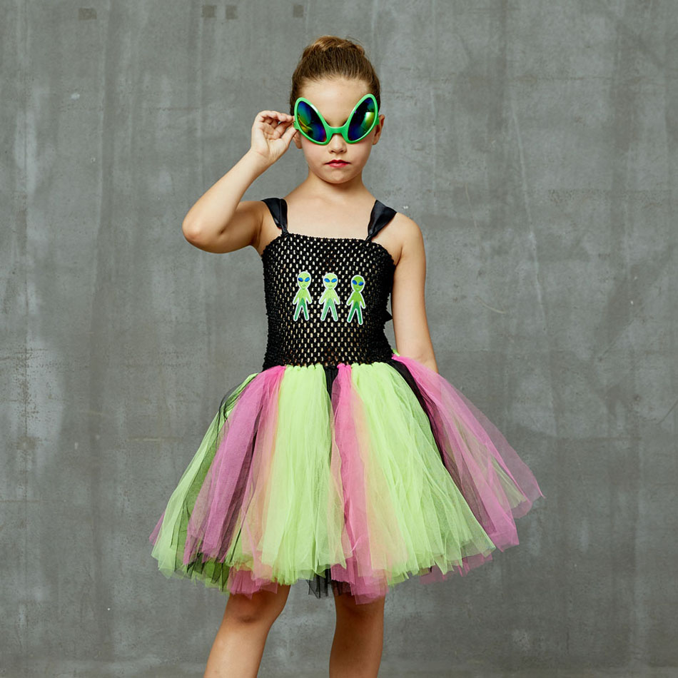 Kids Alien Costume Girls Green Tutu Dress Baby Cosplay Outfit With Glasses For Carnival Show Disguise - 2