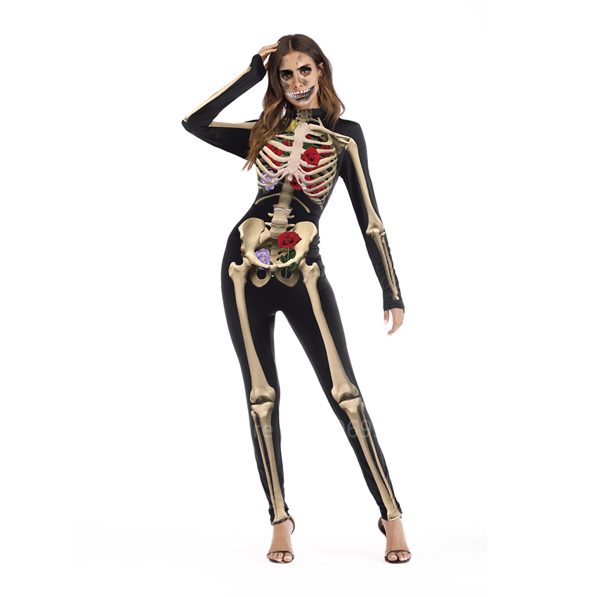 Womens Scary Skeleton Cosplay Bodysuit Devil Ghost Specter Carnival Performance Jumpsuit Costume - 3