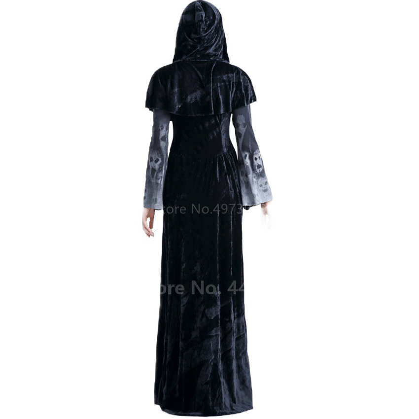 Womens Halloween Gothic Witch Costume Scary Ghost Long Black Hooded Dress For Cosplay Carnival Parties - 4