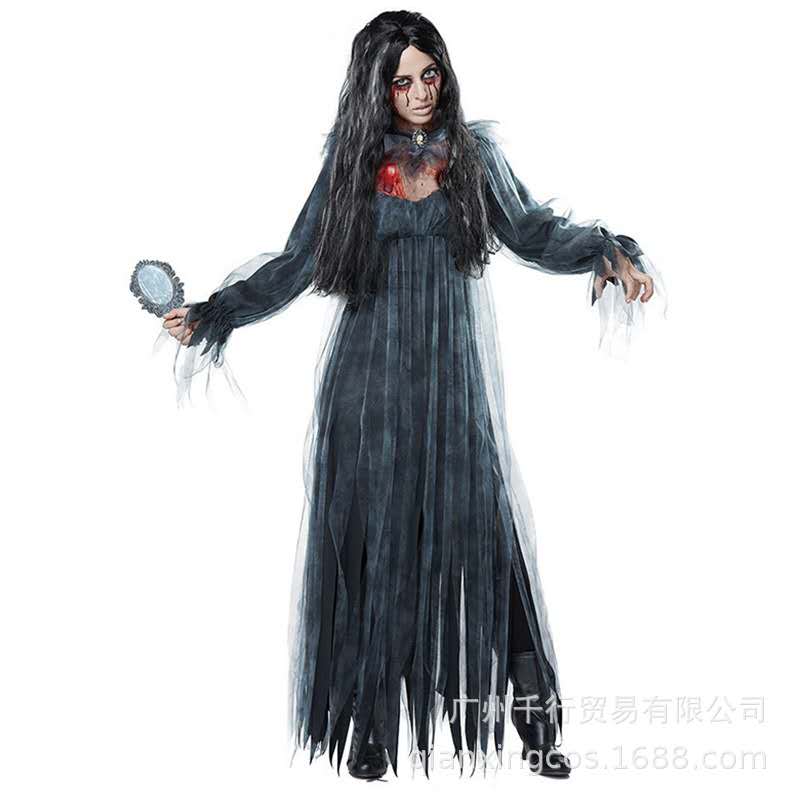 Womens Gothic Vampire Ghost Bride Costume Set Scary Black Dress Cloak Devil Horror Suit - 14