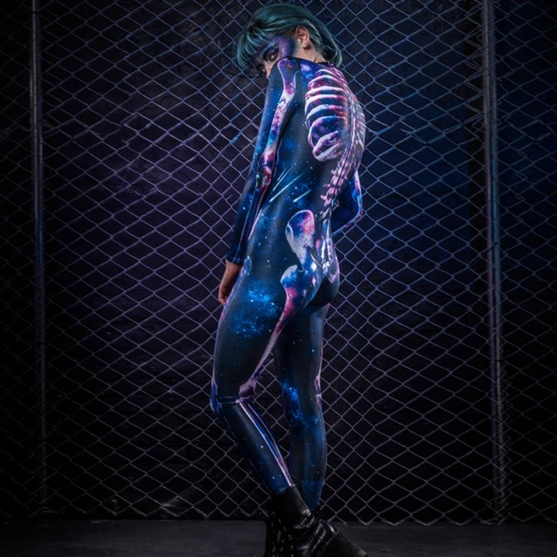 Womens Scary Skeleton Cosplay Jumpsuit Gothic Skull Bodycon Zentai Zombie Carnival Party Costume - 3