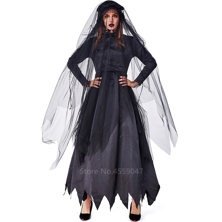 Womens Gothic Bride Dress Vampire Cosplay Costume Day Of The Dead Skeleton Witch Carnival Outfit - 3