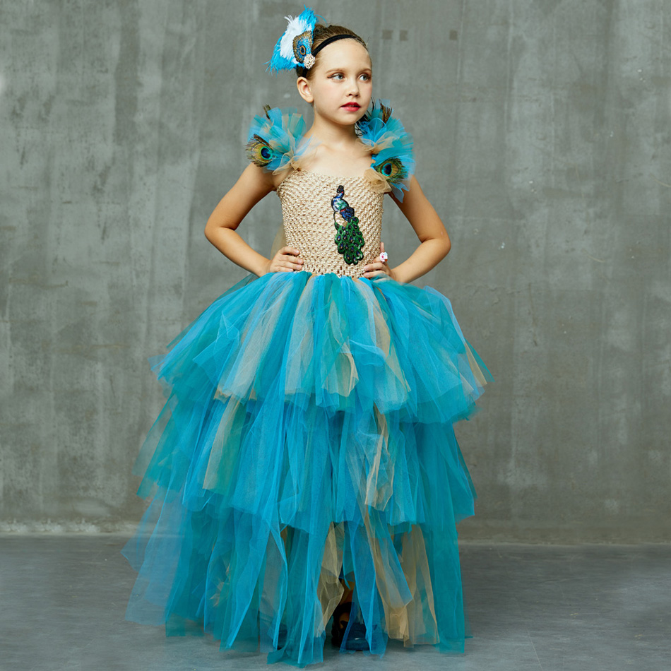 Deluxe Girls Peacock Costume Fluffy Baby Ball Gown For Cosplay Purim Fancy Dress Parties - 7