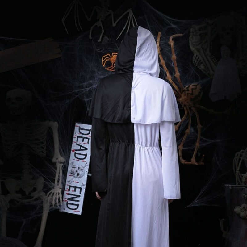 Black And White Scary Costume For Men Women Unisex Long Robe Gown Gothic Horror Grim Reaper