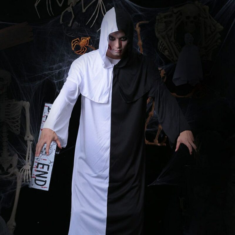Black And White Scary Costume For Men Women Unisex Long Robe Gown Gothic Horror Grim Reaper