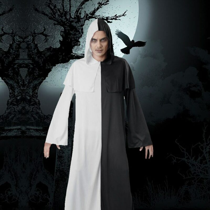 Black And White Scary Costume For Men Women Unisex Long Robe Gown Gothic Horror Grim Reaper
