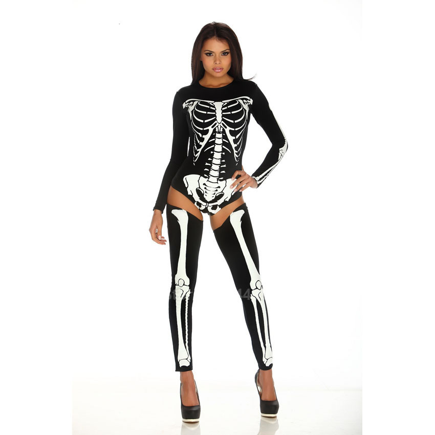 Womens Sexy Cosplay Skeleton Print Bodysuit Ghost Horror Queen Costume With Suspender Garters Stockings - 5