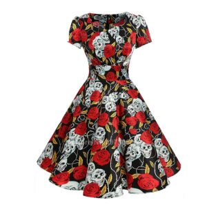 Sexy Scary Cosplay Cotume Women Carnival Party Day Of The Dead Horror Retro Skull Print Collar Umbrella Dress