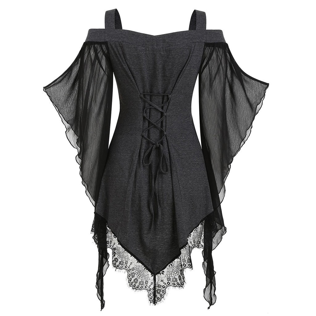 Vintage Plus Size Gothic Tshirt Dress With Lace Inserts Retro Butterfly Sleeves Evening Party Wear For Women - 18