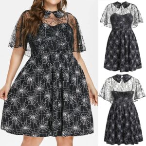 Women Plus Size Dress Casual Party Cobweb Print Yarn Sleeveless Suspender & Shawl Sexy Roupas Feminina Ad